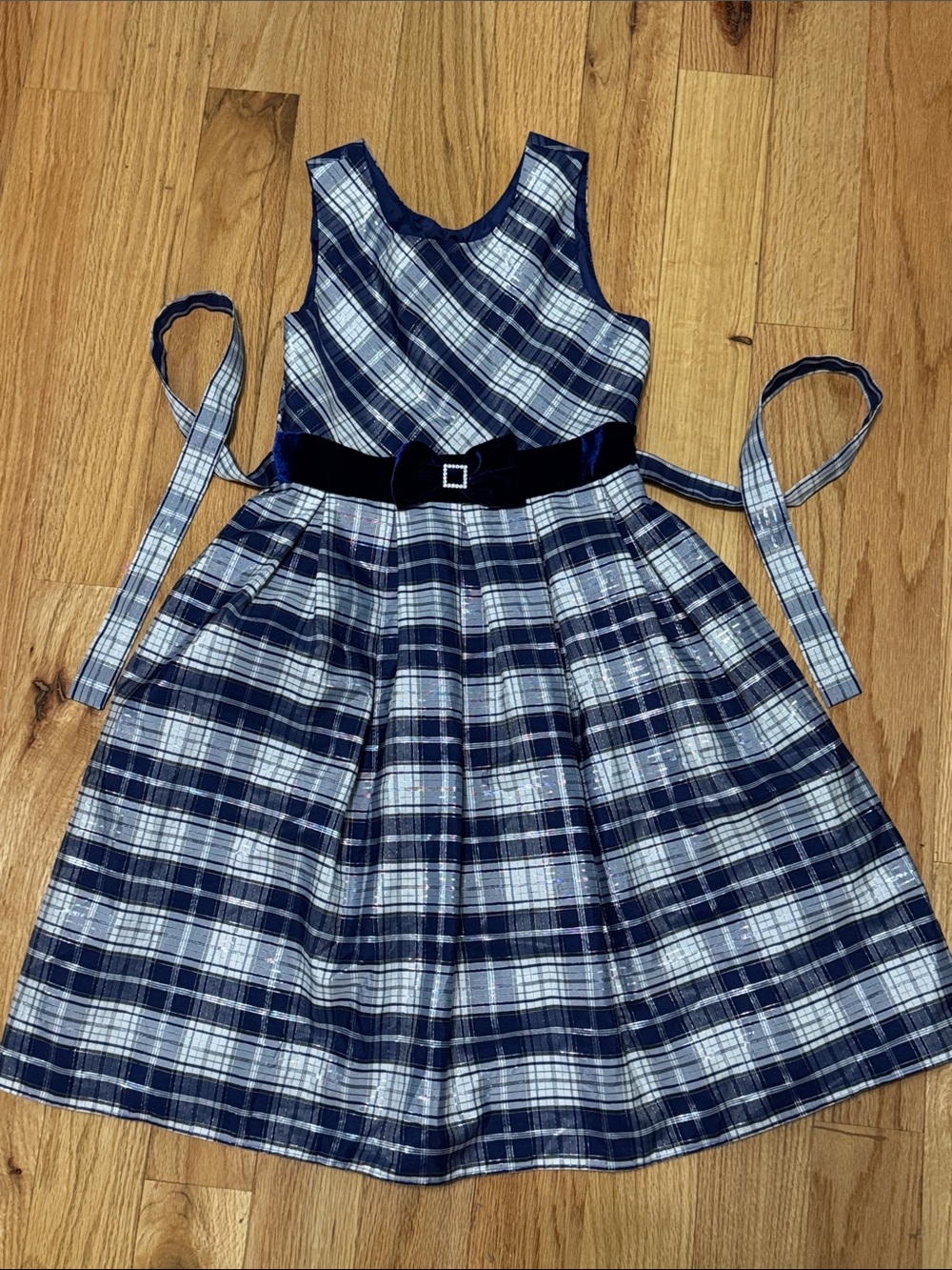 Jona Michelle Navy and White Plaid Velvet-Belt Dress